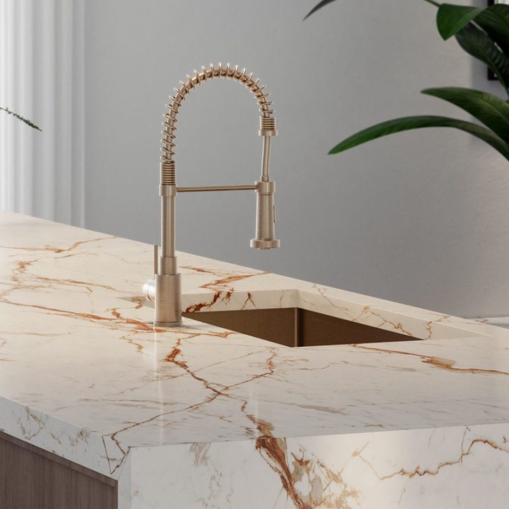 quartz worktop with gold tap